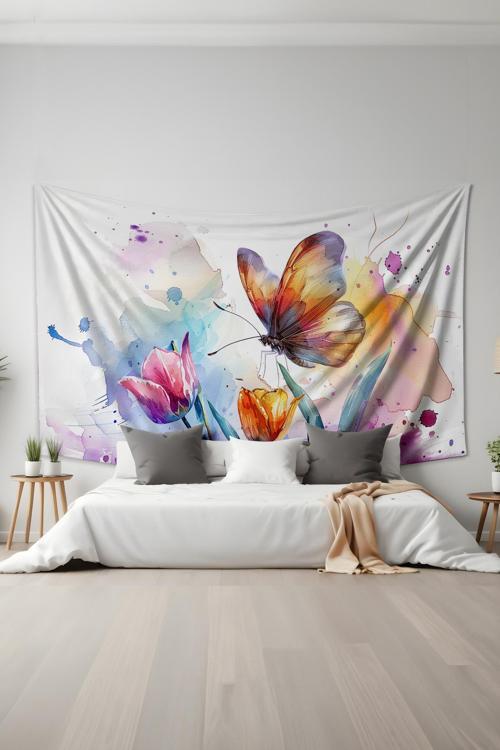 Renkli Bahar Kelebek Desenli Duvar Halısı Duvar Örtüsü Tapestry Süet Dokulu Kumaş