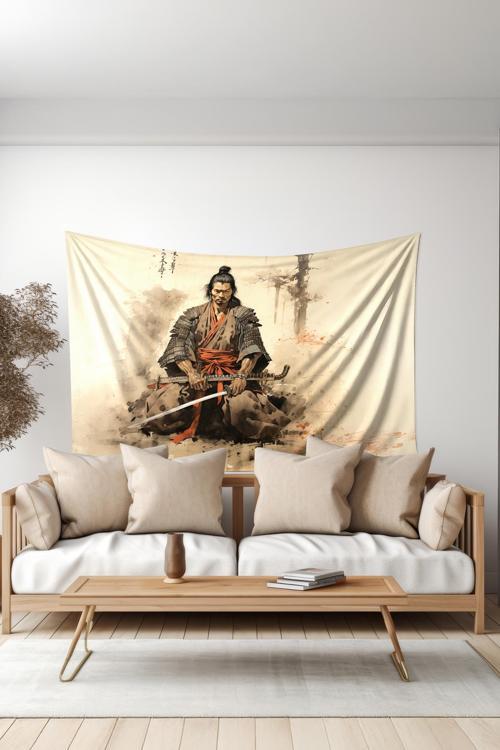 Samuray Savaşçısı Desenli Duvar Halısı Duvar Örtüsü Tapestry Süet Dokulu Kumaş