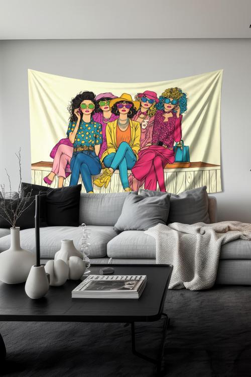 Renkli Kadınlar Desenli Duvar Halısı Duvar Örtüsü Tapestry Süet Dokulu Kumaş