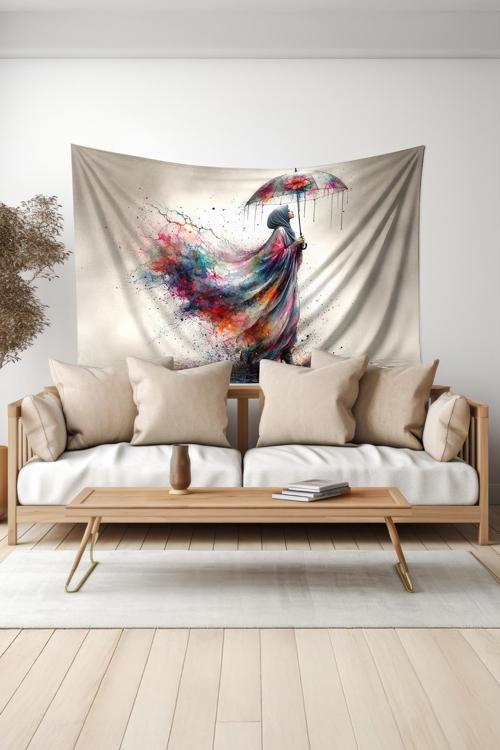 Renkli Yağmur Desenli Duvar Halısı Duvar Örtüsü Tapestry Süet Dokulu Kumaş