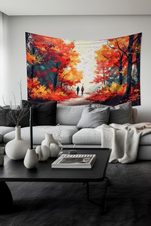 Sonbahar Yürüyüşü Desenli Duvar Halısı Duvar Örtüsü Tapestry Süet Dokulu Kumaş