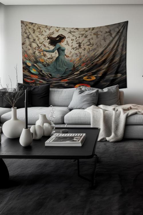 Müzik Ve Kuşlar Desenli Duvar Halısı Duvar Örtüsü Tapestry Süet Dokulu Kumaş