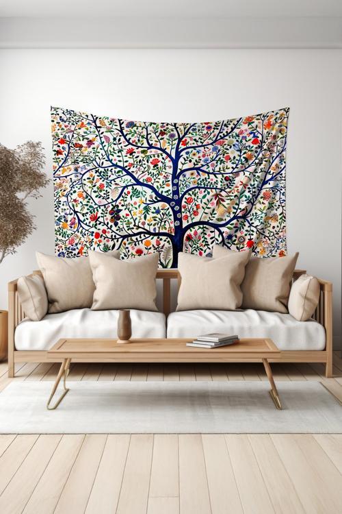 Beyaz Çiçekli Ağaç Desenli Duvar Halısı Duvar Örtüsü Tapestry Süet Dokulu Kumaş
