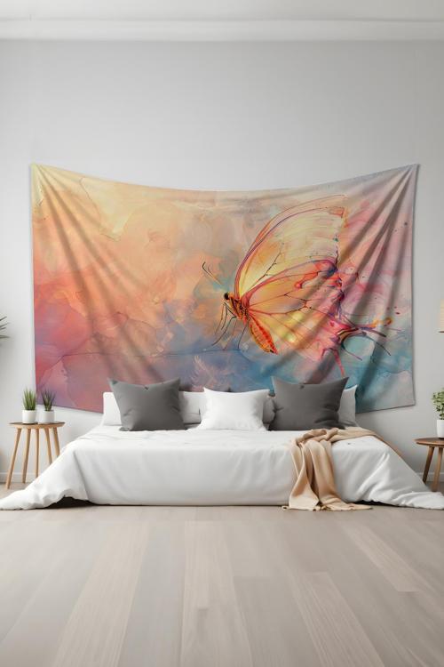 Pastel Kelebek Desenli Duvar Halısı Duvar Örtüsü Tapestry Süet Dokulu Kumaş
