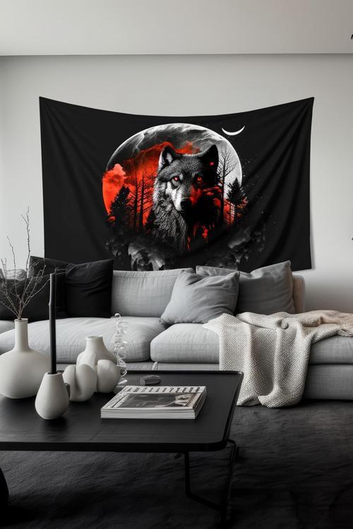 Kurt Ve Ay Desenli Duvar Halısı Duvar Örtüsü Tapestry Süet Dokulu Kumaş