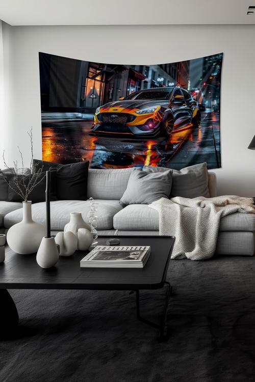 Gece Yansıması Araba Desenli Duvar Halısı Duvar Örtüsü Tapestry Süet Dokulu Kumaş