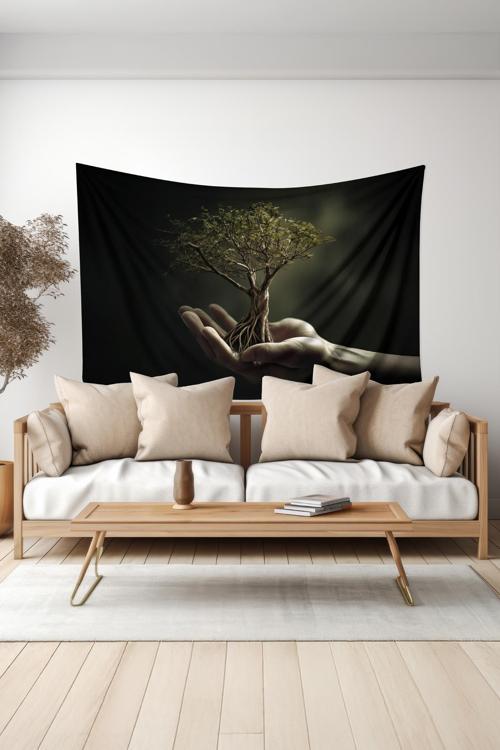 Eldeki Yaşam Ağacı Desenli Duvar Halısı Duvar Örtüsü Tapestry Süet Dokulu Kumaş