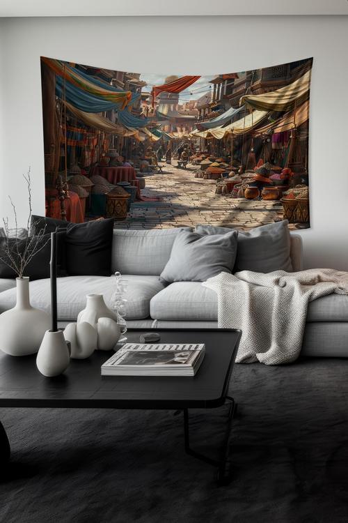 Baharat Pazarı Desenli Duvar Halısı Duvar Örtüsü Tapestry Süet Dokulu Kumaş