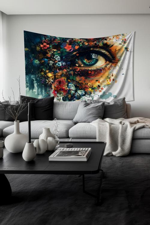 Çiçekli Göz Desenli Duvar Halısı Duvar Örtüsü Tapestry Süet Dokulu Kumaş