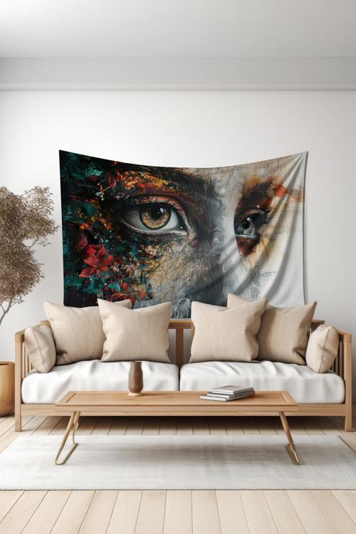 Renkli Silüet Desenli Duvar Halısı Duvar Örtüsü Tapestry Süet Dokulu Kumaş