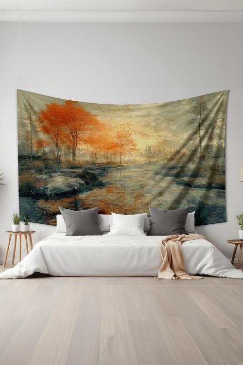 Sonbahar Nehir Manzarası Desenli Duvar Halısı Duvar Örtüsü Tapestry Süet Dokulu Kumaş