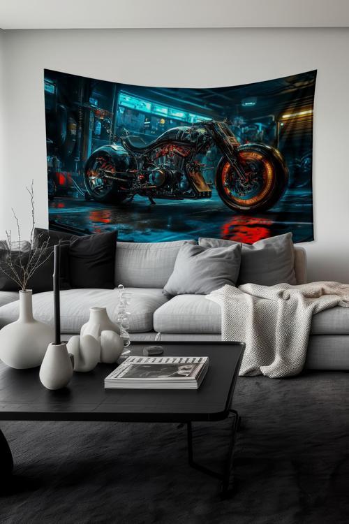 Neon Işıklı Motosiklet Desenli Duvar Halısı Duvar Örtüsü Tapestry Süet Dokulu Kumaş