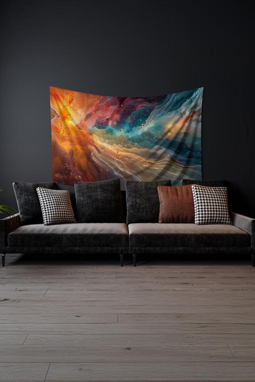 Kozmik Renkler Desenli Duvar Halısı Duvar Örtüsü Tapestry Süet Dokulu Kumaş