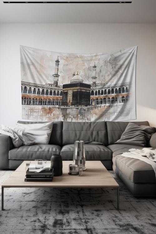 Kutsal Topraklar Kabe Desenli Duvar Halısı Duvar Örtüsü Tapestry Süet Dokulu Kumaş