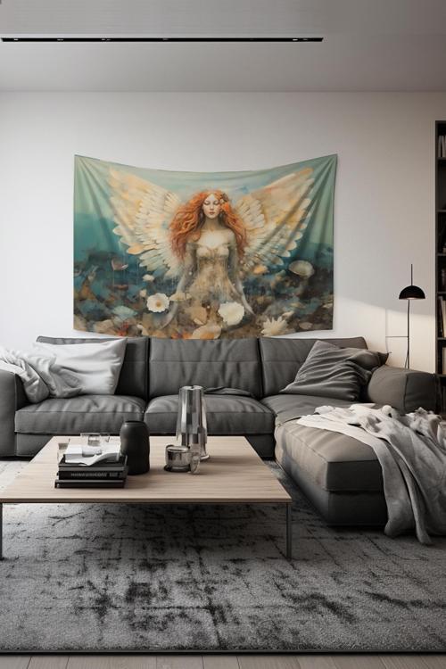 Melek Bahçesi Desenli Duvar Halısı Duvar Örtüsü Tapestry Süet Dokulu Kumaş