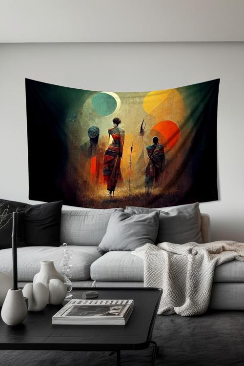 Renkli Silüetler Desenli Duvar Halısı Duvar Örtüsü Tapestry Süet Dokulu Kumaş