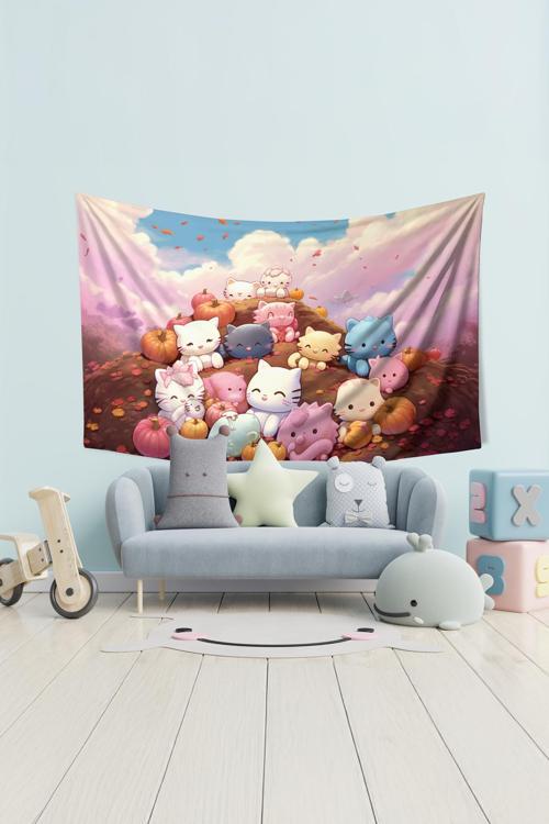 Sevimli Minik Kediler Desenli Duvar Halısı Duvar Örtüsü Çocuk Odası Tapestry Süet Dokulu Kumaş