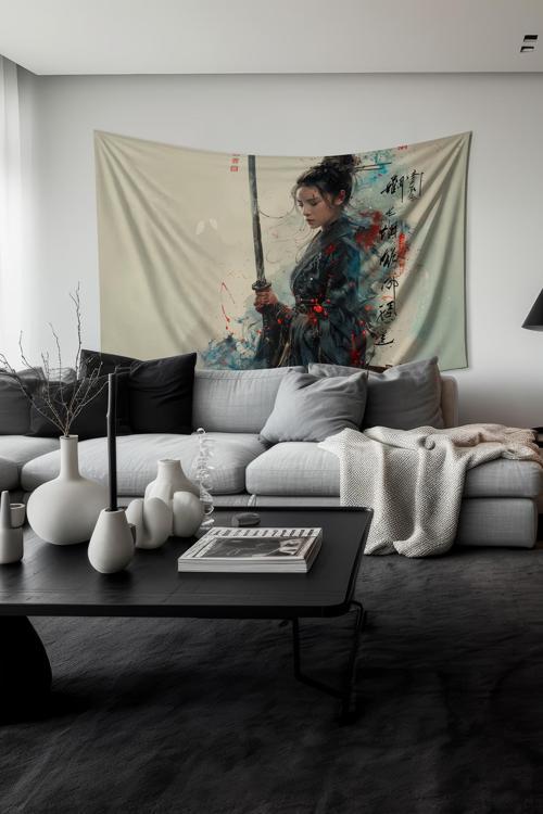 Samuray Kadın Desenli Duvar Halısı Duvar Örtüsü Tapestry Süet Dokulu Kumaş