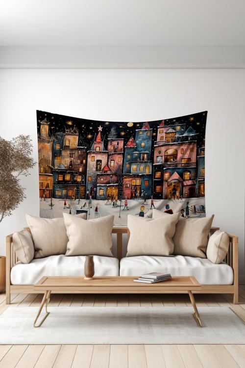 Kış Kasabası Desenli Duvar Halısı Duvar Örtüsü Tapestry Süet Dokulu Kumaş