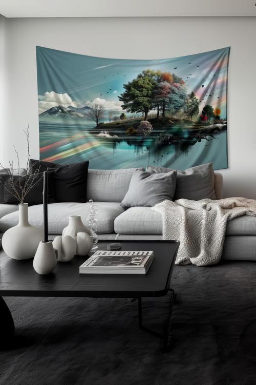 Renkli Doğa Yansıması Desenli Duvar Halısı Duvar Örtüsü Tapestry Süet Dokulu Kumaş