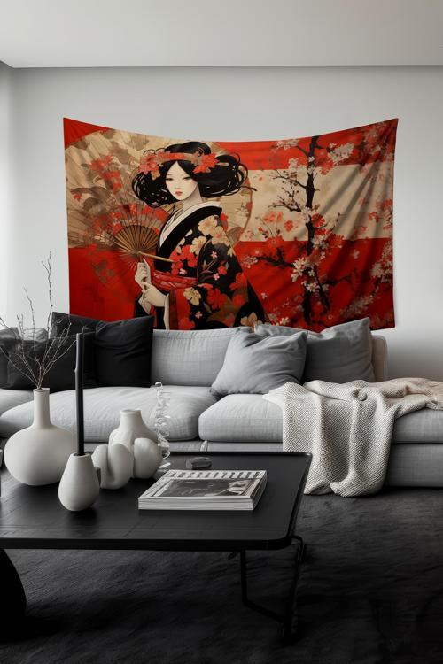 Sakura Güzelliği Desenli Duvar Halısı Duvar Örtüsü Tapestry Süet Dokulu Kumaş