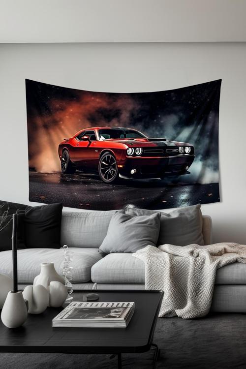 Efsane Araba Desenli Duvar Halısı Duvar Örtüsü Tapestry Süet Dokulu Kumaş