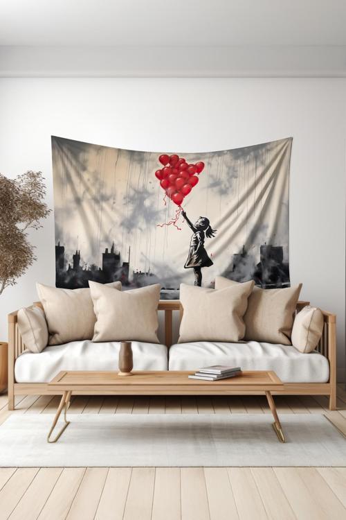 Kırmızı Balonlu Kız Desenli Duvar Halısı Duvar Örtüsü Tapestry Süet Dokulu Kumaş