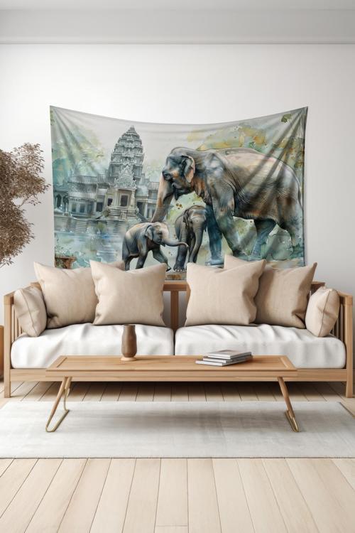 Fil Ailesi Ve Tapınak Desenli Duvar Halısı Duvar Örtüsü Tapestry Süet Dokulu Kumaş