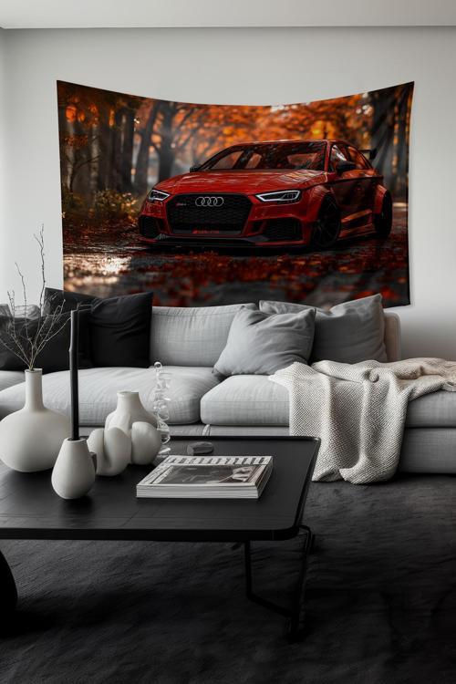 Sonbahar Kırmızı Araba Desenli Duvar Halısı Duvar Örtüsü Tapestry Süet Dokulu Kumaş