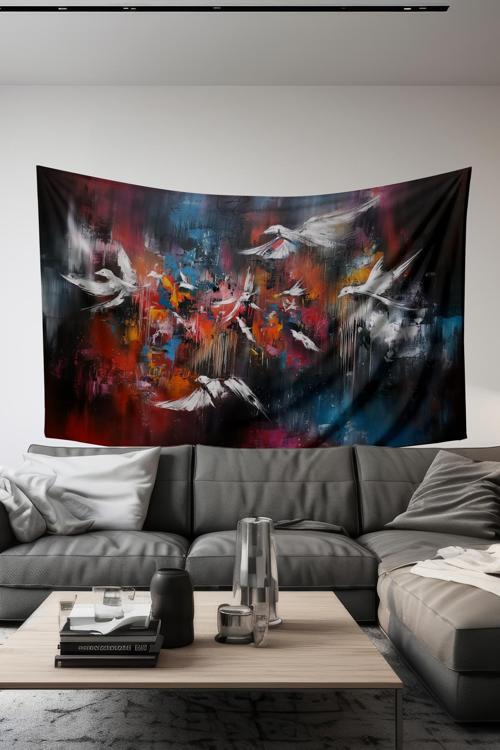 Kuşların Dansı Desenli Duvar Halısı Duvar Örtüsü Tapestry Süet Dokulu Kumaş