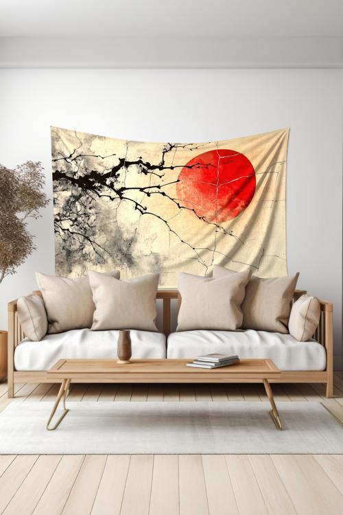 Kırmızı Ay Ve Dallar Desenli Duvar Halısı Duvar Örtüsü Tapestry Süet Dokulu Kumaş