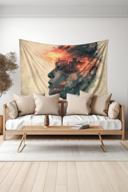 Şehir Ve İnsan Desenli Duvar Halısı Duvar Örtüsü Tapestry Süet Dokulu Kumaş