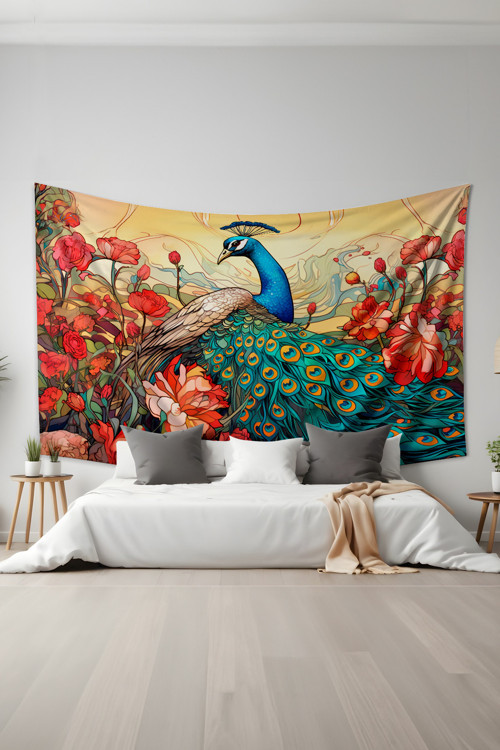 Tavus Kuşu Desenli Duvar Halısı Duvar Örtüsü Tapestry Süet Dokulu Kumaş