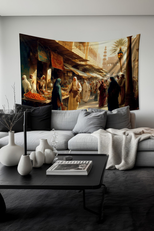 Osmanlı Pazarı Desenli Duvar Halısı Duvar Örtüsü Tapestry Süet Dokulu Kumaş
