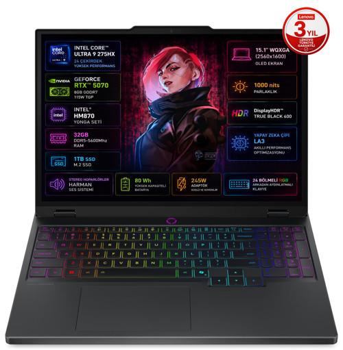 Legion 5 15IAX10 Intel Core Ultra 9-275HX 32GB DDR5 1TB SSD RTX5070 8GB 115W 15.1 inç 2K WQXGA 165Hz FreeDos Gaming Laptop (83F00024TR)
