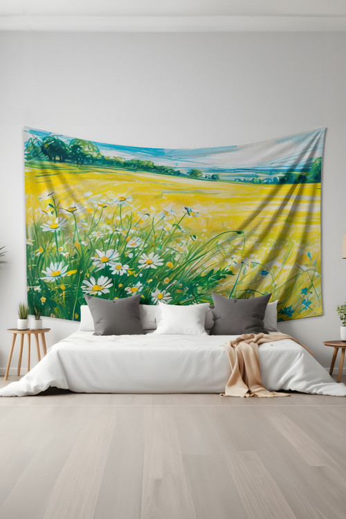 Papatya Tarlası Desenli Duvar Halısı Duvar Örtüsü Tapestry Süet Dokulu Kumaş