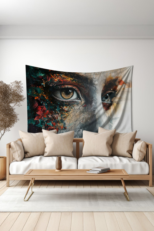 Renkli Silüet Desenli Duvar Halısı Duvar Örtüsü Tapestry Süet Dokulu Kumaş