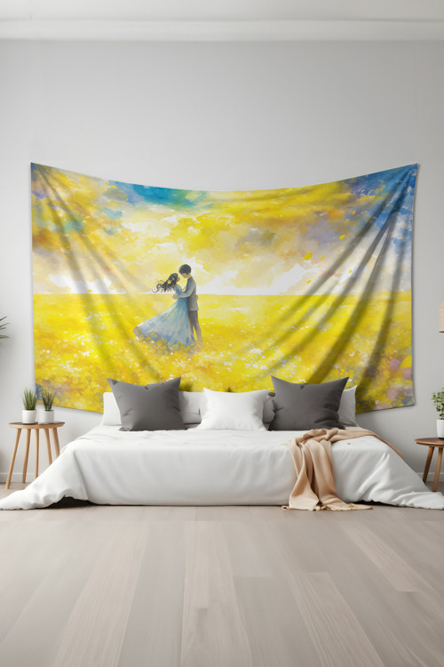 Çiçek Tarlasında Dans Desenli Duvar Halısı Duvar Örtüsü Tapestry Süet Dokulu Kumaş