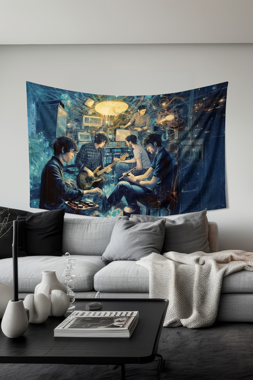 Müzik Grubu Desenli Duvar Halısı Duvar Örtüsü Tapestry Süet Dokulu Kumaş