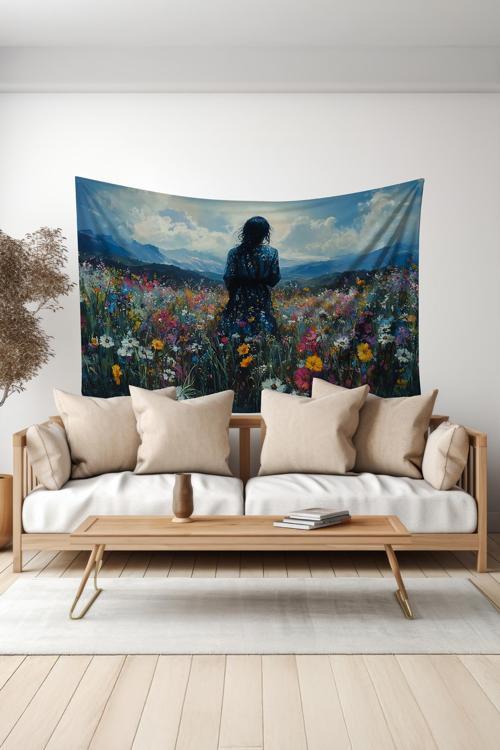 Çiçek Tarlasındaki Yalnızlık Desenli Duvar Halısı Duvar Örtüsü Tapestry Süet Dokulu Kumaş