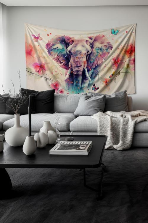 Renkli Fil Ve Çiçekler Desenli Duvar Halısı Duvar Örtüsü Tapestry Süet Dokulu Kumaş