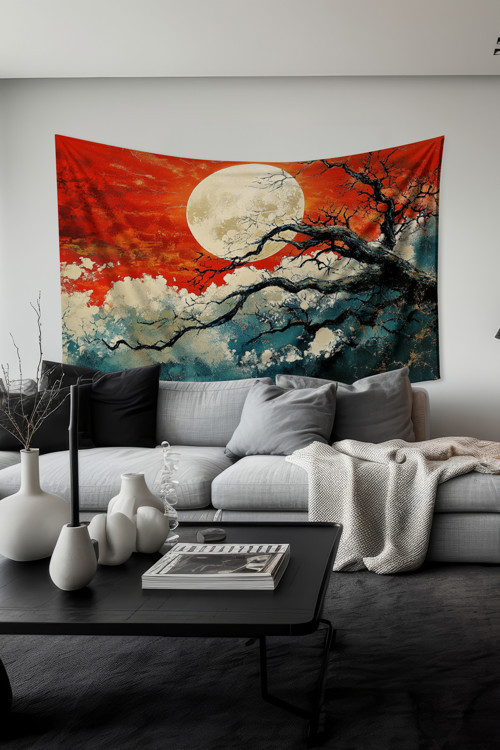 Kırmızı Gece Desenli Duvar Halısı Duvar Örtüsü Tapestry Süet Dokulu Kumaş