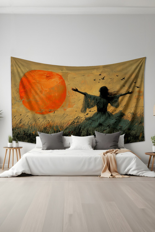 Gün Batımında Özgürlük Desenli Duvar Halısı Duvar Örtüsü Tapestry Süet Dokulu Kumaş