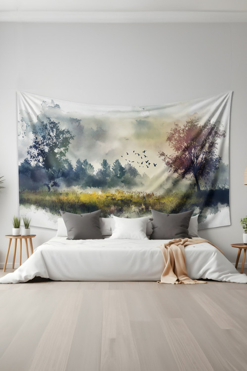 Sisli Sabah Manzarası Desenli Duvar Halısı Duvar Örtüsü Tapestry Süet Dokulu Kumaş