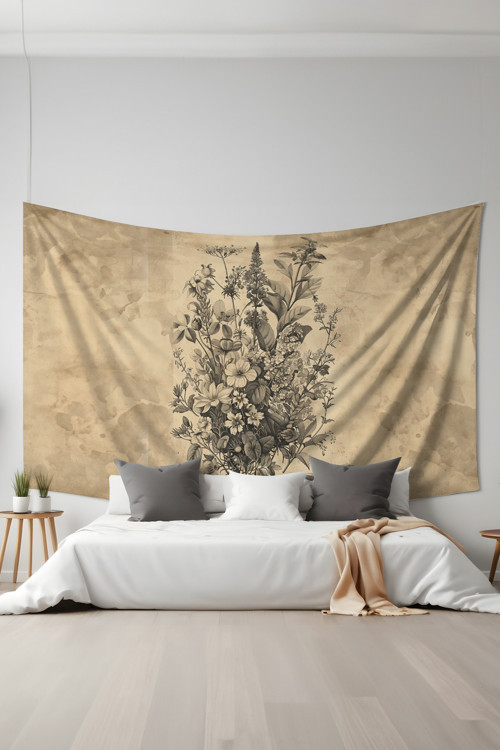 Vintage Çiçek Demeti Desenli Duvar Halısı Duvar Örtüsü Tapestry Süet Dokulu Kumaş