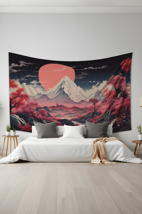 Kızıl Dağ Desenli Duvar Halısı Duvar Örtüsü Tapestry Süet Dokulu Kumaş