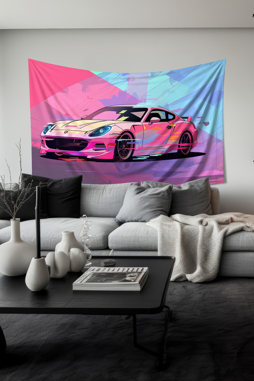 Pembe Spor Araba Desenli Duvar Halısı Duvar Örtüsü Tapestry Süet Dokulu Kumaş