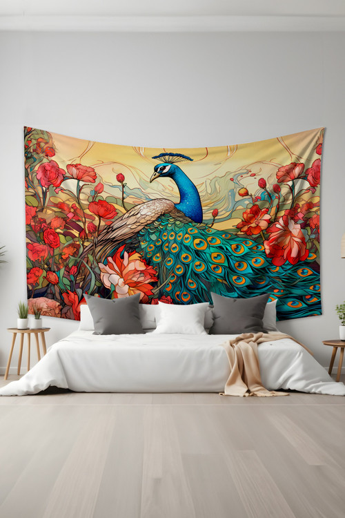 Tavus Kuşu Desenli Duvar Halısı Duvar Örtüsü Tapestry Süet Dokulu Kumaş