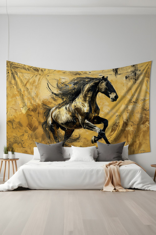Altın At Desenli Duvar Halısı Duvar Örtüsü Tapestry Süet Dokulu Kumaş