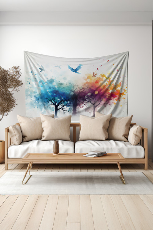 Renkli Ağaç Ve Kuşlar Desenli Duvar Halısı Duvar Örtüsü Tapestry Süet Dokulu Kumaş